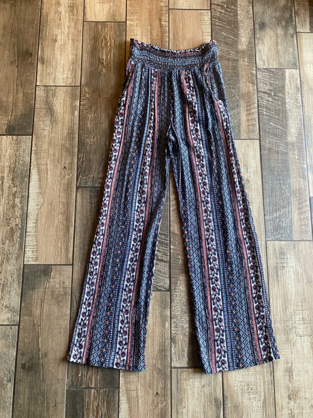 Kingston Grey Boho Navy & Rust Patterned Smocked-Waist Wide-Leg Pants
